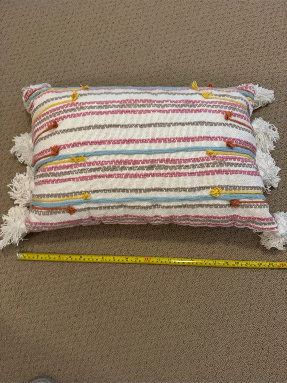 Decorative Striped Tassel Throw Pillow - White with Pink, Blue & Yellow Accents
